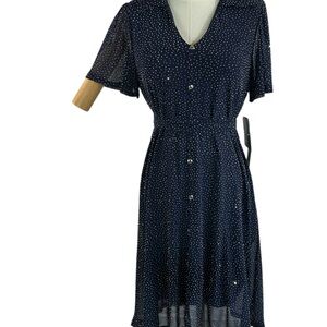 Sirenly Navy Polka Dot Rhinestone Midi Dress Petite Romantic Vintage-Inspired